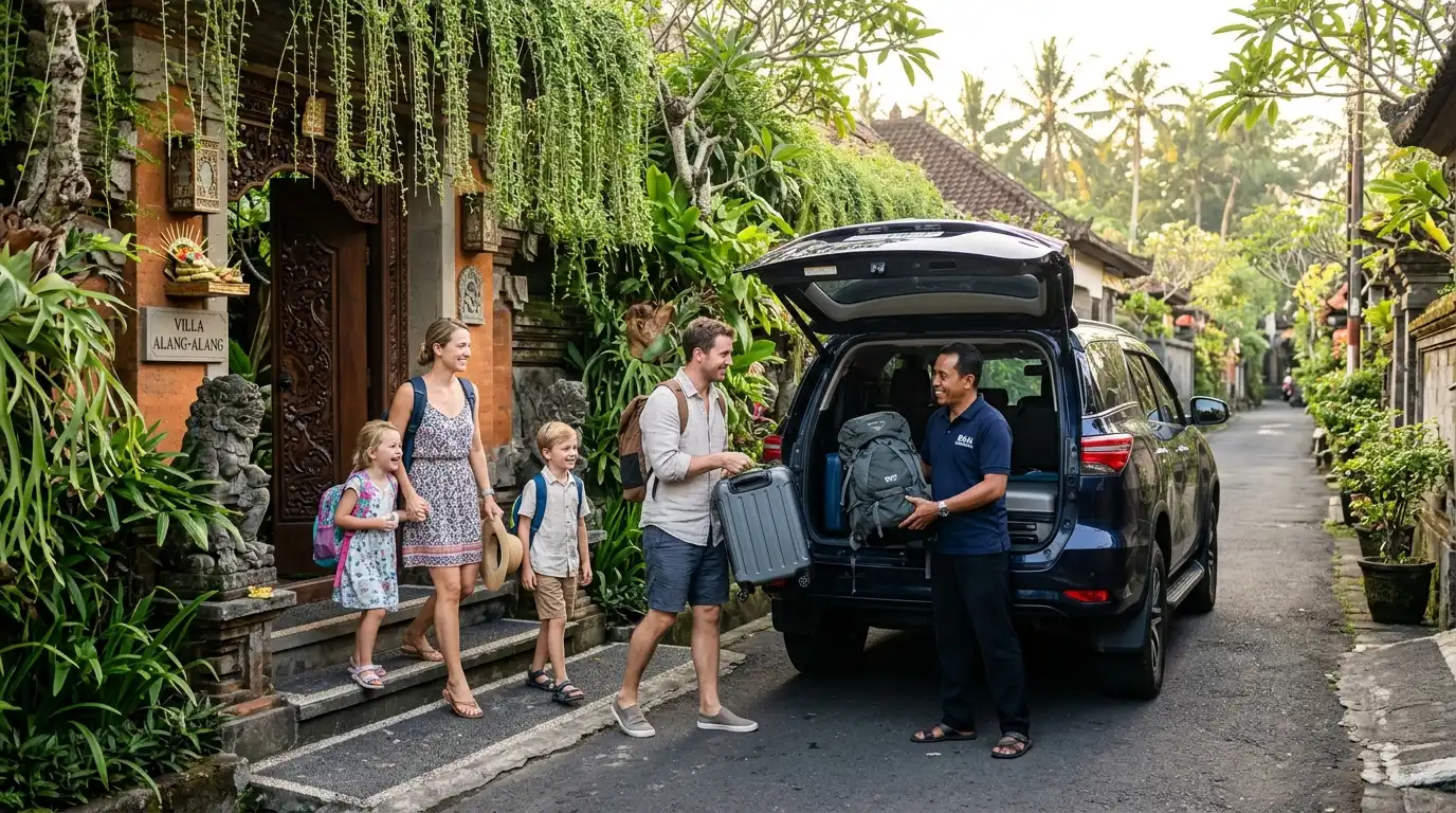 A family loading luggage into a private van outside their Bali villa