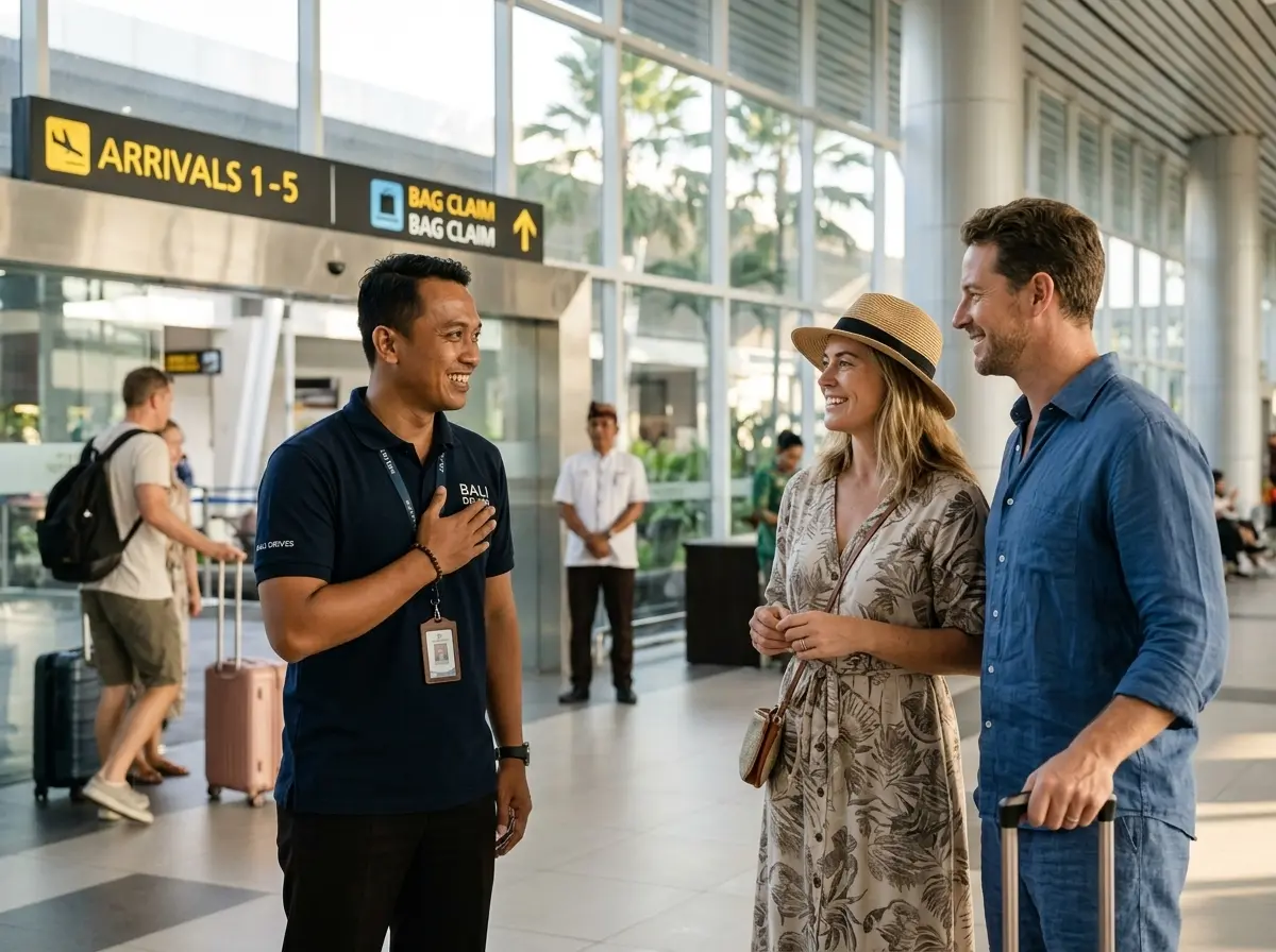 A verified driver greeting travelers at Ngurah Rai Airport arrivals, ID badge visible